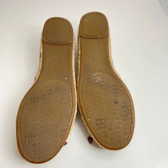 Michael Kors Meg Gold Metallic Logo Espadrille Flats Bow Slip On Jute Ballet Fla - Picture 4 of 5
